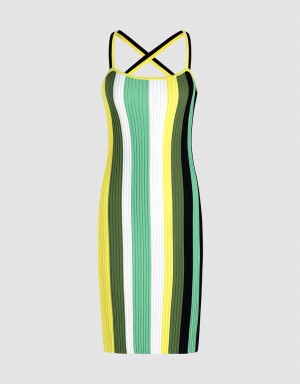 Green Multicolor Women's Urban Revivo Striped Sleeveless Knitted Bodycon Dress | KMT6019QT