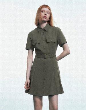 Green Women's Urban Revivo A-Line With Belt Dress | LGC8330BJ