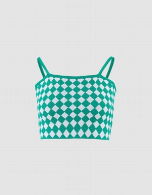 Green Women's Urban Revivo Argyle Knitted Crop Cami Tank Top | FOE6139VJ