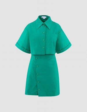 Green Women's Urban Revivo Button Down A-Line Collar Dress | RLM2328SI