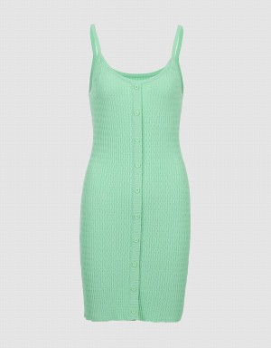 Green Women's Urban Revivo Button Front Ribbed Knit Cami Dress | GEG8071RJ