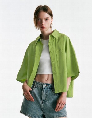 Green Women's Urban Revivo Button Up A-Line Shirts | ZEE4139ZR