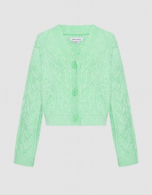 Green Women's Urban Revivo Cable Knit V Neck Button Up Cardigan | IKR6317EB