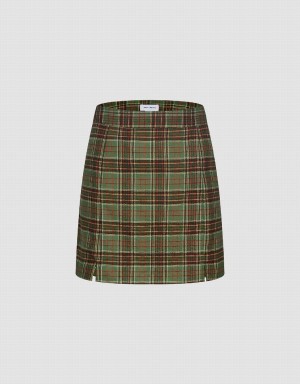 Green Women's Urban Revivo Checkered Mini A-Line Skirts | WUT3957VL