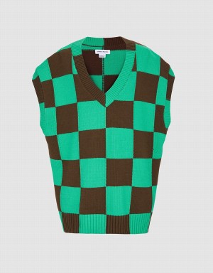 Green Women's Urban Revivo Checkered Tank Top | NFN8252JS