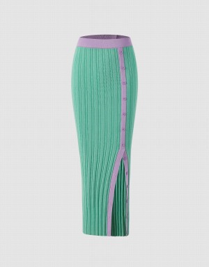 Green Women's Urban Revivo Contrast Trim Knit Skirts | VFP419LD