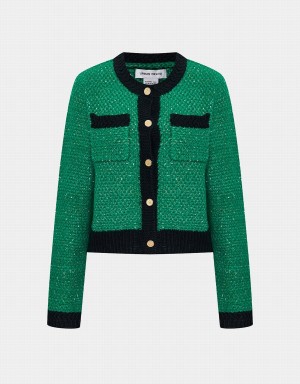 Green Women's Urban Revivo Contrast Trim Patched Pocket Cardigan | NRC3419OA