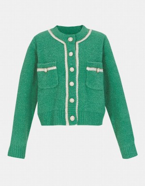 Green Women's Urban Revivo Contrast Trim Faux Pearl Button Cardigan | ODG3684DU