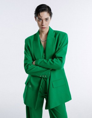 Green Women's Urban Revivo Double Breasted Blazers | HXS5882SW