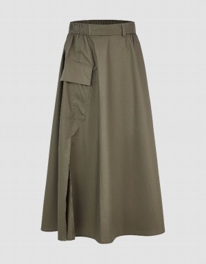 Green Women's Urban Revivo Elastic Waist Midi A-Line Skirts | KTJ407OK