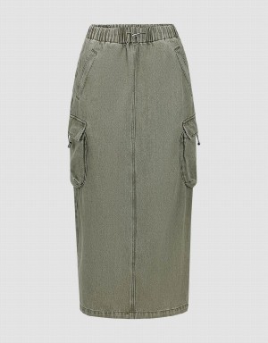 Green Women's Urban Revivo Elastic Waist Straight Denim Skirts | BWG9859LP