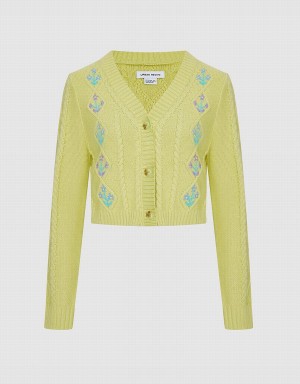 Green Women's Urban Revivo Floral Embroidery Cable Knit Cardigan | YFC1835EI