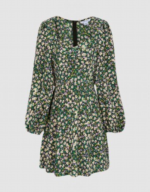 Green Women's Urban Revivo Floral Print Sweetheart Long Sleeve Dress | QSA2889LN