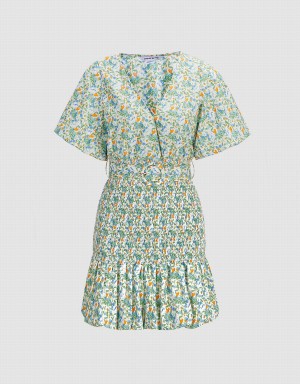 Green Women's Urban Revivo Floral Print Shirred Belted Dress | CJR9984ZP