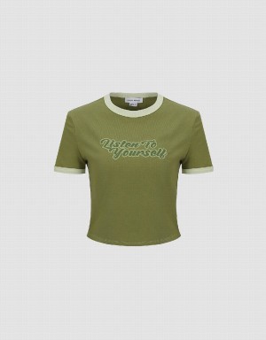 Green Women's Urban Revivo Letter Printed Crew Neck Regular T Shirts | QYW1676EX