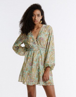 Green Women's Urban Revivo Paisley Print Chiffon Dress | NUO4564WB