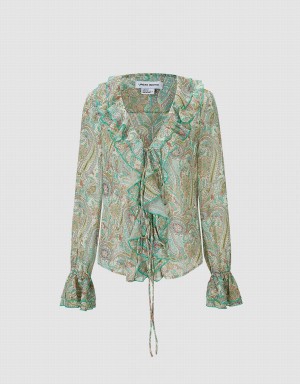 Green Women's Urban Revivo Paisley Print Ruffled Shirts | IED1642BW