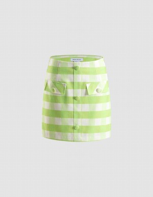 Green Women's Urban Revivo Plaid Button Front Skirts | DWS914SF