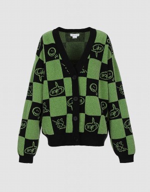 Green Women's Urban Revivo Plaid Smile Face Button Up Cardigan | GZM8589JM