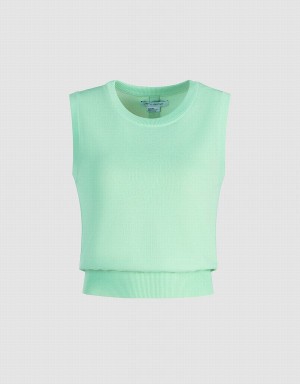 Green Women's Urban Revivo Plain Crew Neck Knitted Tank Top | WFI1337HO