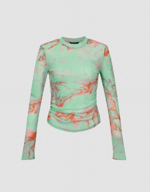 Green Women's Urban Revivo Printed Crew Neck Skinny T Shirts | JJD2972IP