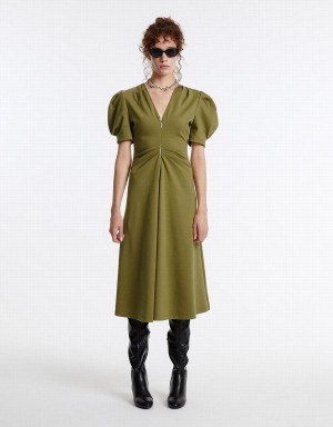 Green Women's Urban Revivo Puff Sleeve Ruched Dress | HJY9356GZ