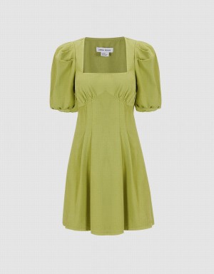 Green Women's Urban Revivo Puff Sleeve Square Neck Denim Dress | AQO8186VQ