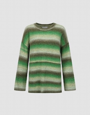 Green Women's Urban Revivo Striped Crew Neck Knitted Cardigan | QTJ3451QI