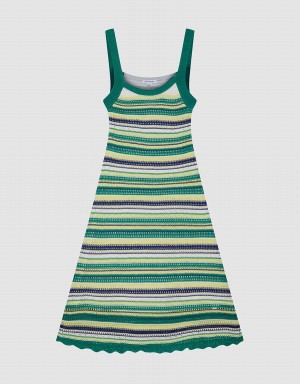 Green Women's Urban Revivo Striped Knitted Cami Dress | TPQ7893VL