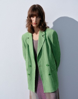 Green Women's Urban Revivo Textured Notch Lapel Blazers | XXA9276TT