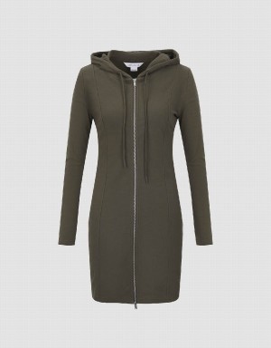 Green Women's Urban Revivo Zipper Front Hooded A-Line Dress | QFE996CI