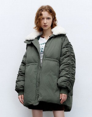 Green Women's Urban Revivo Zipper Front With Furry Collar Down Jackets | WOF2352VO