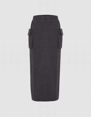 Grey Women's Urban Revivo Elastic Waist Midi Straight Skirts | ZGB6346II