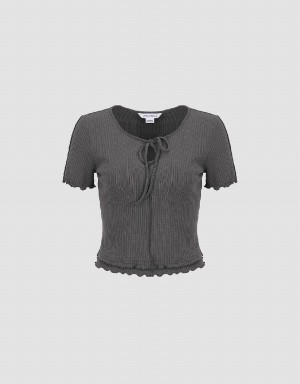 Grey Women's Urban Revivo Frill Trim Tie Front Knitted T Shirts | IBF5069OX