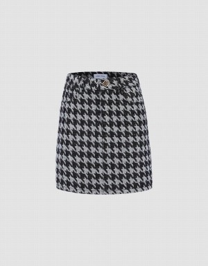 Grey Women's Urban Revivo Houndstooth Mini A-Line Denim Skirts | PTQ5395LQ