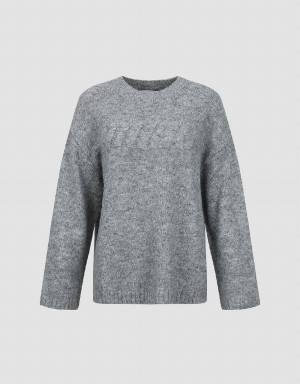 Grey Women's Urban Revivo Letter Embossed Crew Neck Sweaters | BAX6366AR