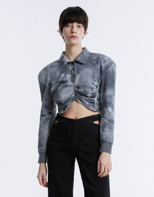 Grey Women's Urban Revivo Tie-Dye Ruched Crop Blouse | HGI1012SR