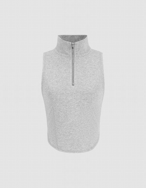 Grey Women's Urban Revivo Zip Half Placket Tank Top | WDX4268SC