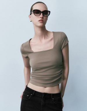 Khaki Brown Women's Urban Revivo Square-Cut Collar Skinny Knitted T Shirts | XSV6974GH