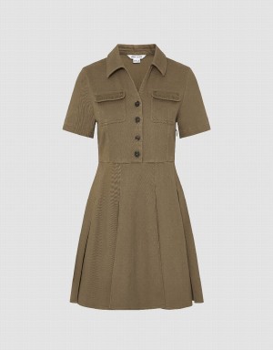 Khaki Brown Women's Urban Revivo V-Neck Pleated A-Line Dress | UIL445WG