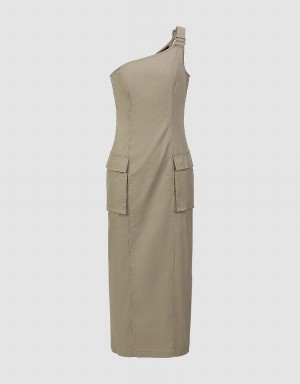 Khaki Grey Women's Urban Revivo Sleeveless One Shoulder Straight Dress | SPP2119GQ