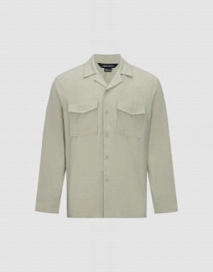 Khaki Men's Urban Revivo Button Up Straight Shirts | HDH9859VQ