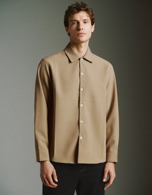 Khaki Men's Urban Revivo Button Up Straight Jackets | UEZ2926AV