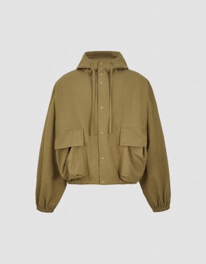 Khaki Men's Urban Revivo Hooded Oversized Jackets | MEH86QC