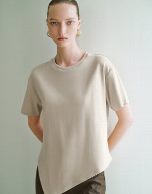 Khaki Women's Urban Revivo Asymmetric Hem Crew Neck Knitted T Shirts | LAR1799NR