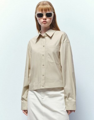 Khaki Women's Urban Revivo Button Up Straight Shirts | OMU642FD