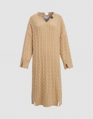 Khaki Women's Urban Revivo Drop Shoulder Cable Knit Dress | NVR5873CI