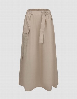 Khaki Women's Urban Revivo Elastic Waist Midi A-Line Skirts | UEL4511EK