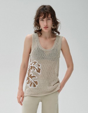 Khaki Women's Urban Revivo Leaf Printed Knitted Cardigan | PVE2752YW