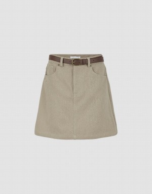 Khaki Women's Urban Revivo Mini A-Line Denim With Belt Skirts | KXN1721ZW